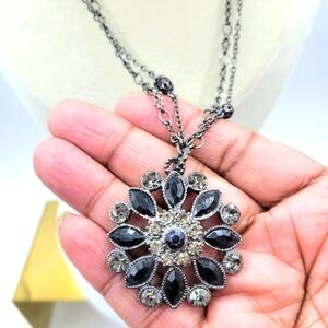 Vintage Art Deco Medallion Necklace / Guilded Age / Pewter Colored w Stones